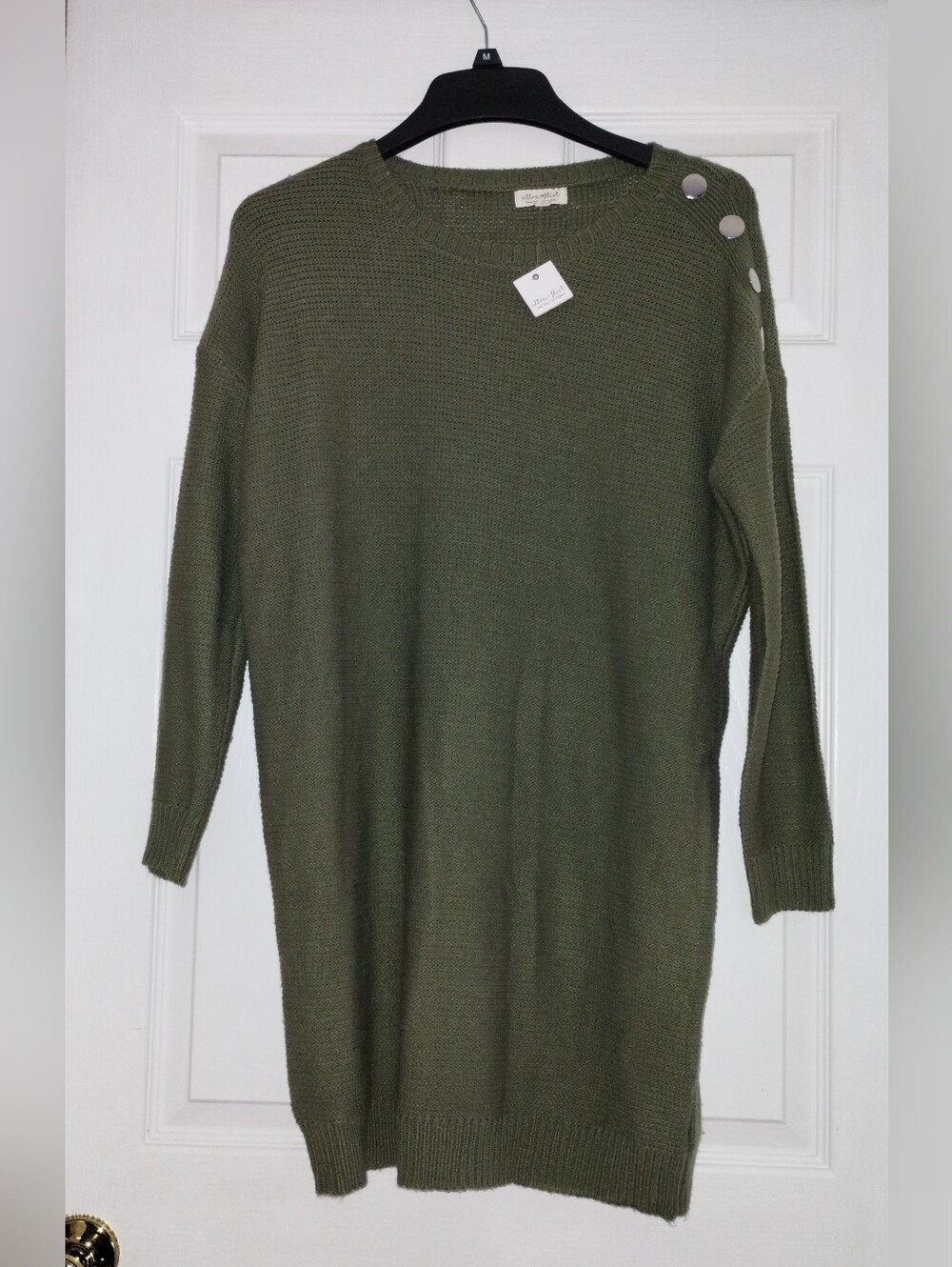 Ultra Flirt Olive Green Crewneck Button-Shoulder Sweater